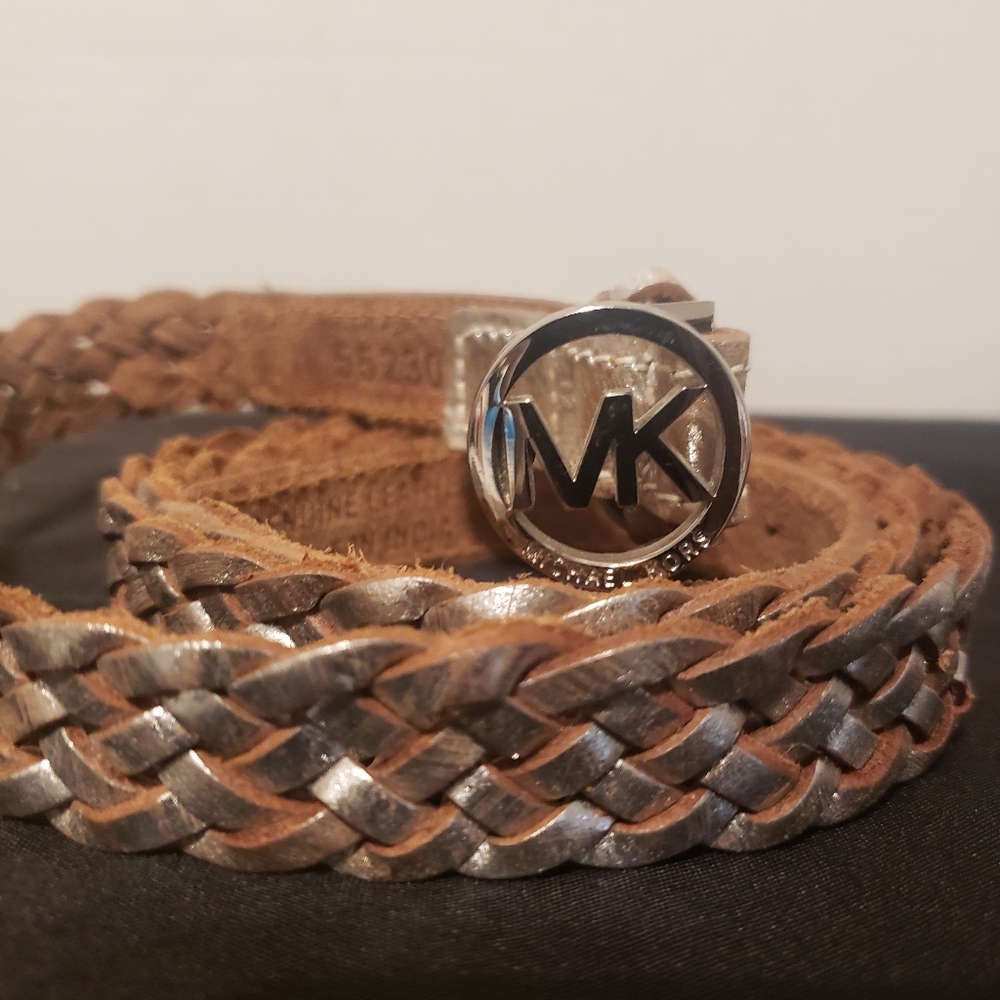 Michael Kors MK Medallion Logo Silver Brown Woven Leather Slim Thin Belt Medium